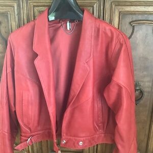 Topshop  short red leather jacket, medium/8, lined, with pockets